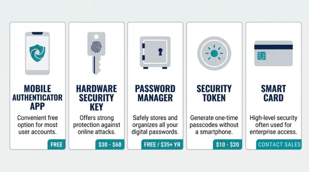Comparison infographic of the best two factor authentication apps in 2026 including Google Authenticator, Authy, and YubiKey