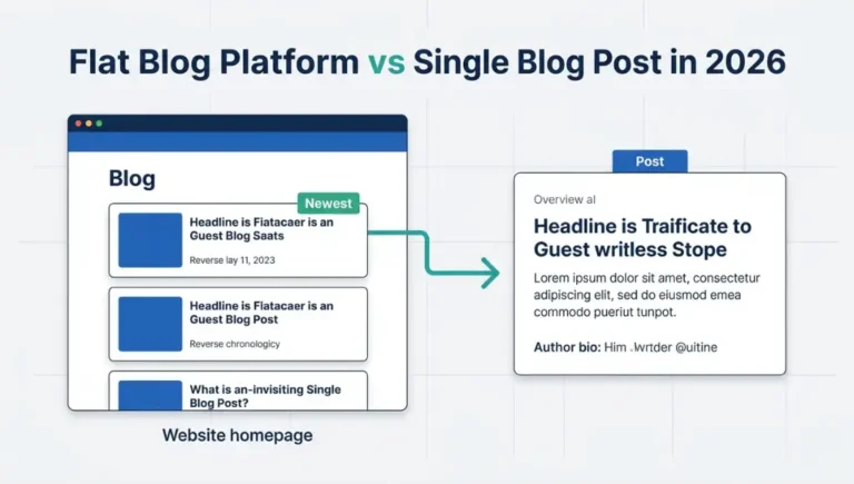 Flat design illustration showing the difference between a blog platform and a single blog post for tech guest writers in 2026