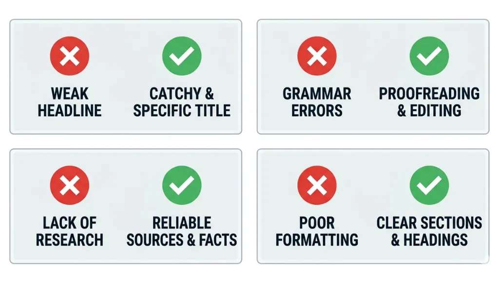 Warning infographic showing the most common blog and post mistakes tech guest writers make in 2026