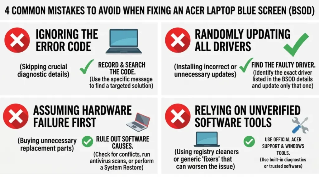 Common mistakes to avoid when fixing a blue screen on an Acer laptop