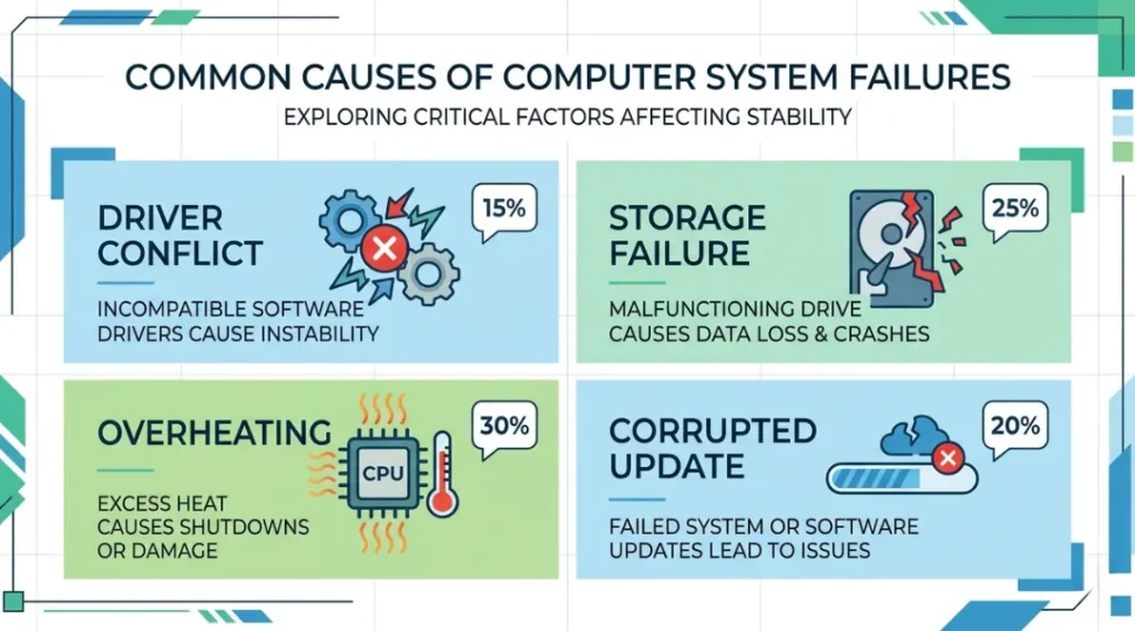 Infographic showing the top causes of blue screen errors on Acer laptops in 2026