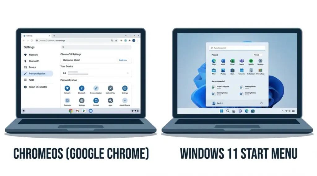 Side-by-side flat design illustration comparing a Chromebook and a Windows laptop for the chromebook vs windows buying guide 2026