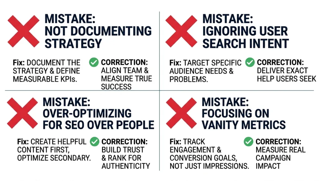 Common content marketing strategy mistakes to avoid in 2026 with quick fixes shown