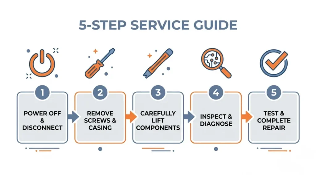 Step-by-step infographic for fixing a cracked laptop bezel from disassembly to reassembly