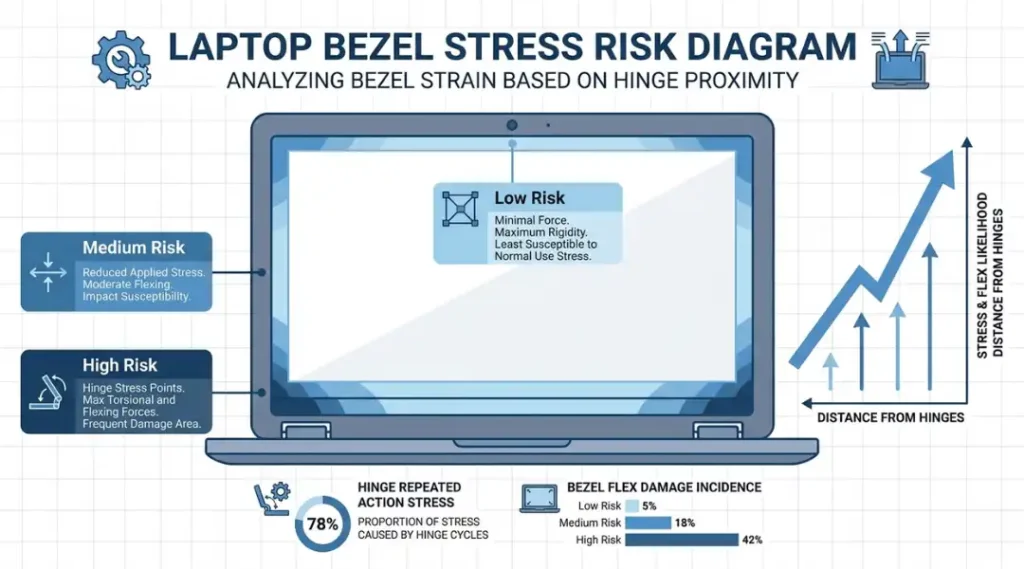 Infographic showing why a cracked laptop bezel causes long-term display damage in 2026