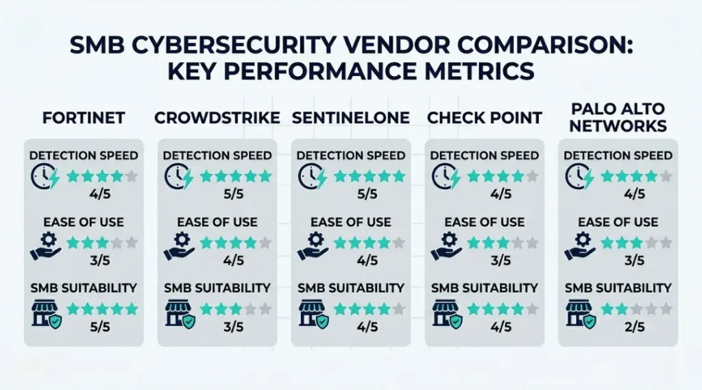Comparison of top cybersecurity companies in 2026 including CrowdStrike, Palo Alto Networks, Arctic Wolf, SentinelOne, and Fortinet
