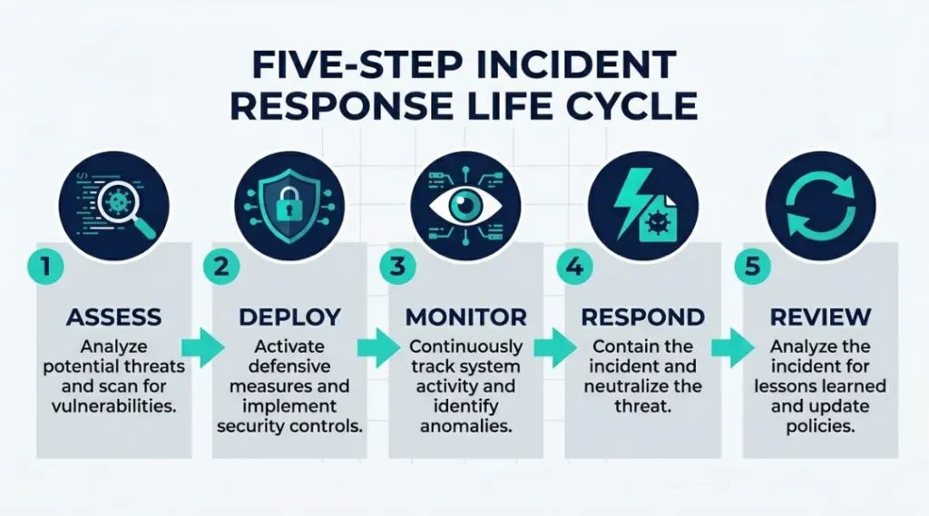 Step-by-step process showing how cybersecurity companies protect organizations in 2026