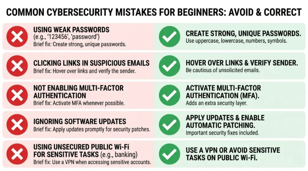 Common cybersecurity mistakes to avoid for beginners, shown as a warning infographic with red and green indicators.