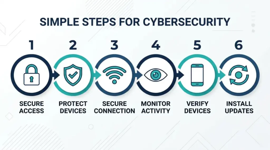 Step-by-step cybersecurity process for beginners showing 6 numbered steps with directional arrows