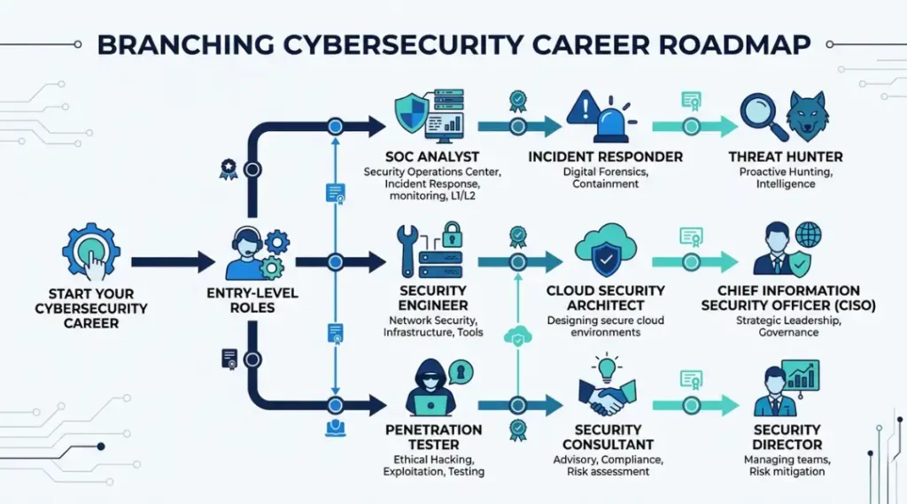 Visual guide to cybersecurity jobs in 2026 showing career paths and entry-level roles