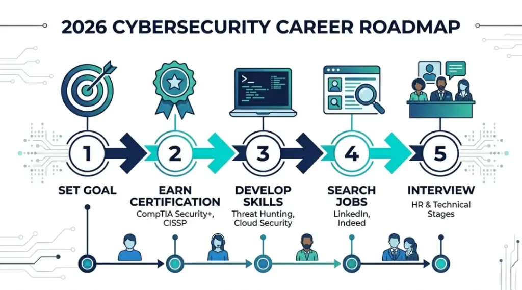 Step-by-step process infographic for landing cybersecurity jobs in 2026
