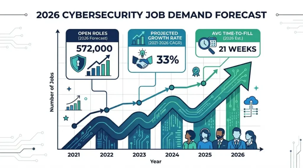 Infographic showing why cybersecurity jobs are in high demand in 2026 with key workforce statistics