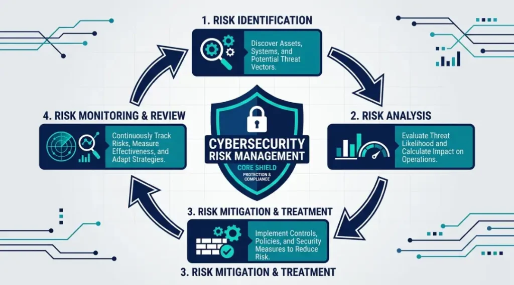 Cybersecurity risk management process diagram showing threat identification, risk scoring, and remediation steps for 2026