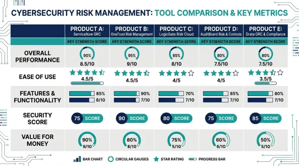 Comparison of top cybersecurity risk management tools in 2026 including Qualys, ServiceNow GRC, RiskLens, and Tenable