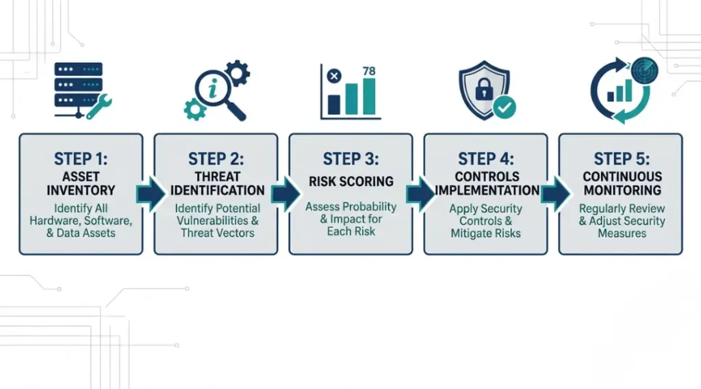 Step-by-step cybersecurity risk management process infographic showing five stages from asset discovery to continuous monitoring
