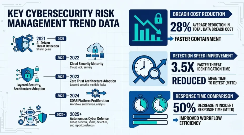 Infographic showing why cybersecurity risk management matters in 2026 with breach cost data and detection speed statistics