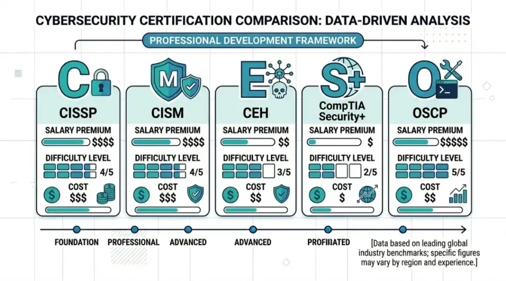 Comparison of top cybersecurity certifications by salary premium and cost in 2026