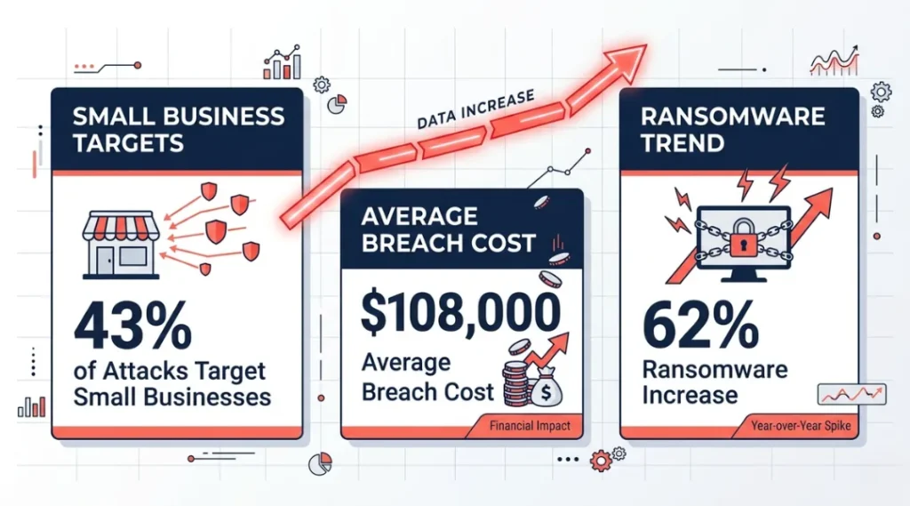 Flat infographic showing cybersecurity threat statistics for small businesses in 2026 with upward trend indicators