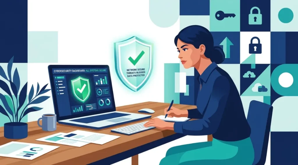 Small business owner reviewing cybersecurity solutions on a laptop with a shield icon overlay in 2026