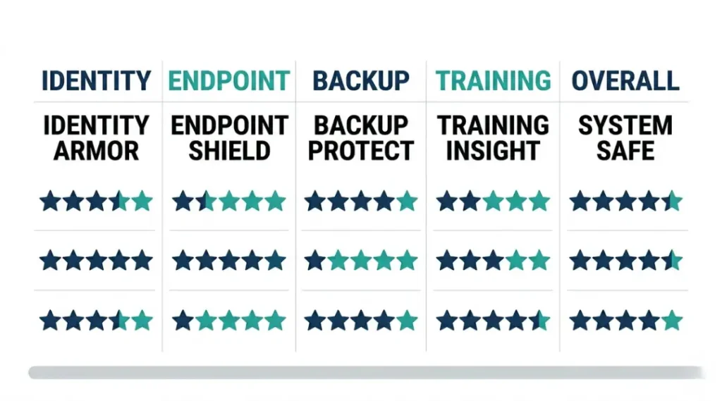 Comparison of top cybersecurity solutions for small business showing five tools with ratings and key features