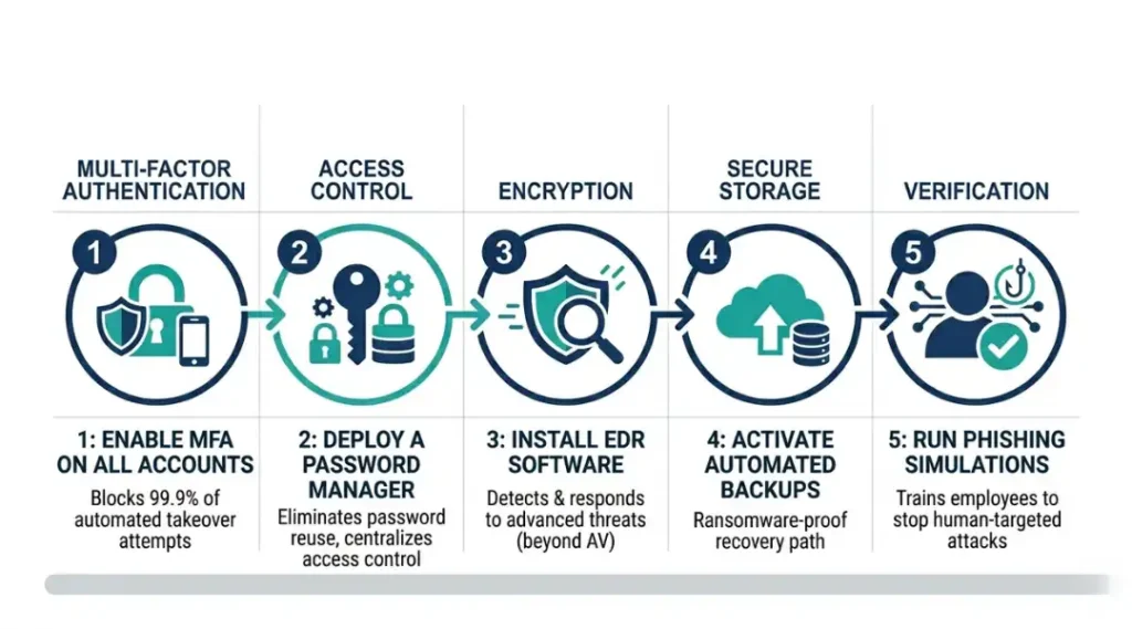 Step-by-step cybersecurity setup process for small businesses showing five numbered stages with icons