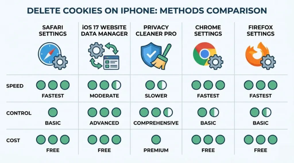 Comparison infographic of five methods to delete cookies on iPhone including Safari Settings, iOS 17 Website Data Manager, and Privacy Cleaner Pro