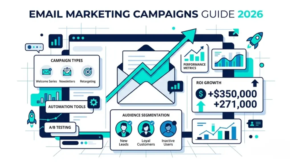 Visual guide to email marketing campaigns in 2026 showing campaign types, tools, and ROI metrics
