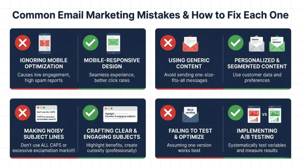 Warning infographic showing common email marketing campaign mistakes and how to fix each one