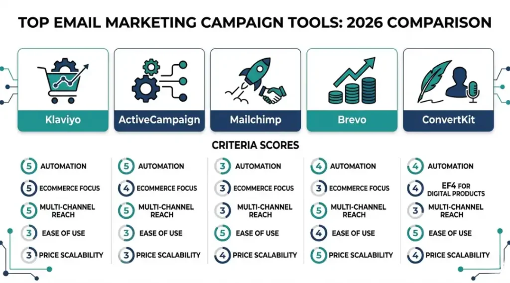 Comparison of top email marketing campaign tools in 2026 including Klaviyo, ActiveCampaign, and Mailchimp