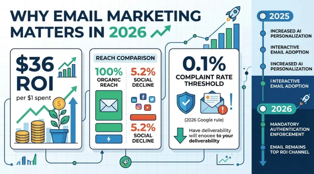Infographic showing why email marketing campaigns matter in 2026 with ROI statistics and trend data