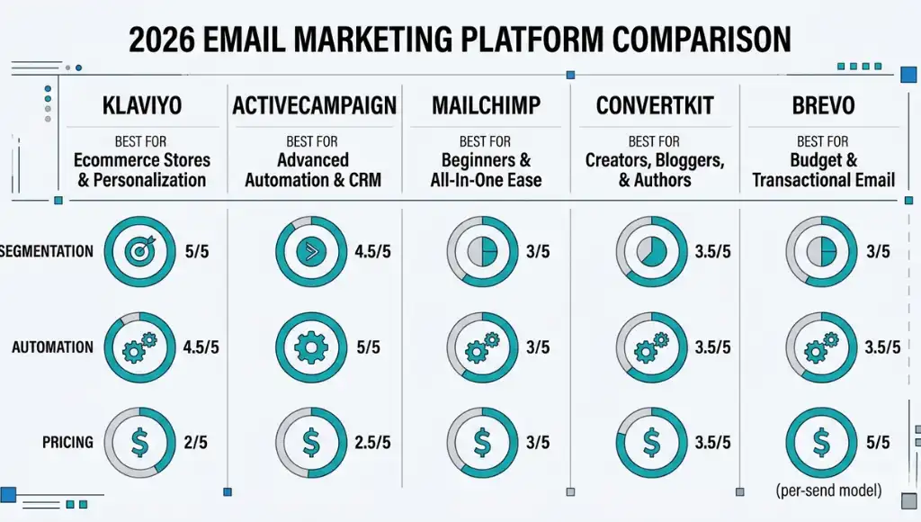 Comparison of top email marketing platforms in 2026 including Klaviyo, ActiveCampaign, Mailchimp, ConvertKit, and Brevo with pricing and best-use verdicts
