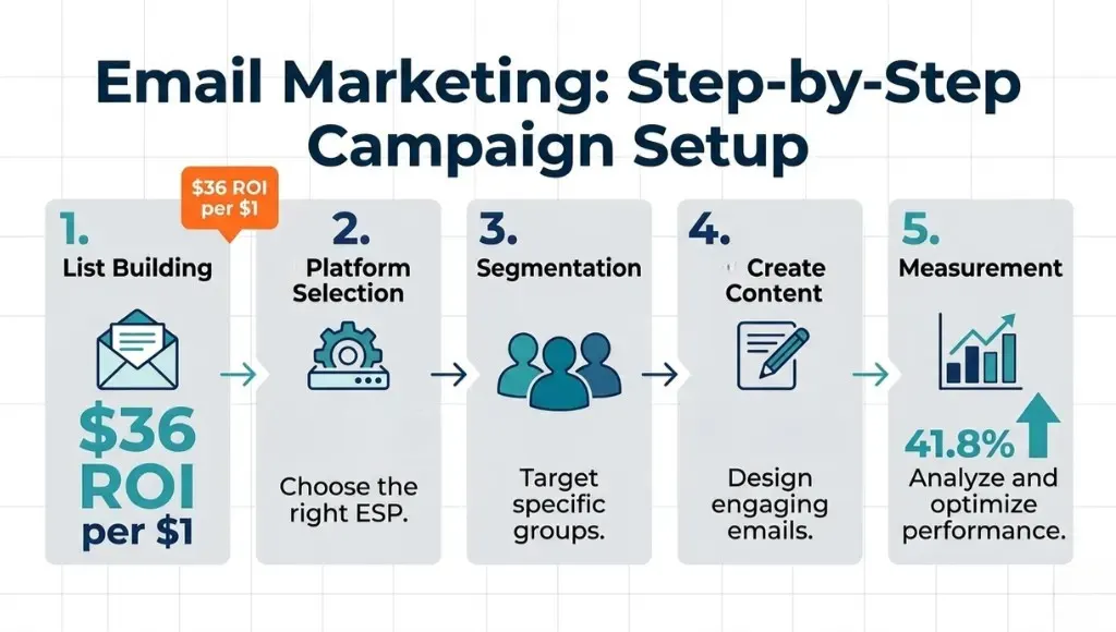 Step-by-step email marketing campaign setup process showing list building, platform selection, segmentation, writing, and measurement stages