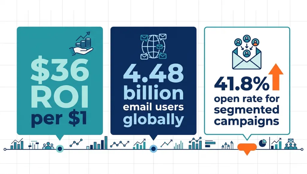 Email marketing ROI and 2026 trend data infographic showing $36 return per dollar spent and 41.8% segmented open rate