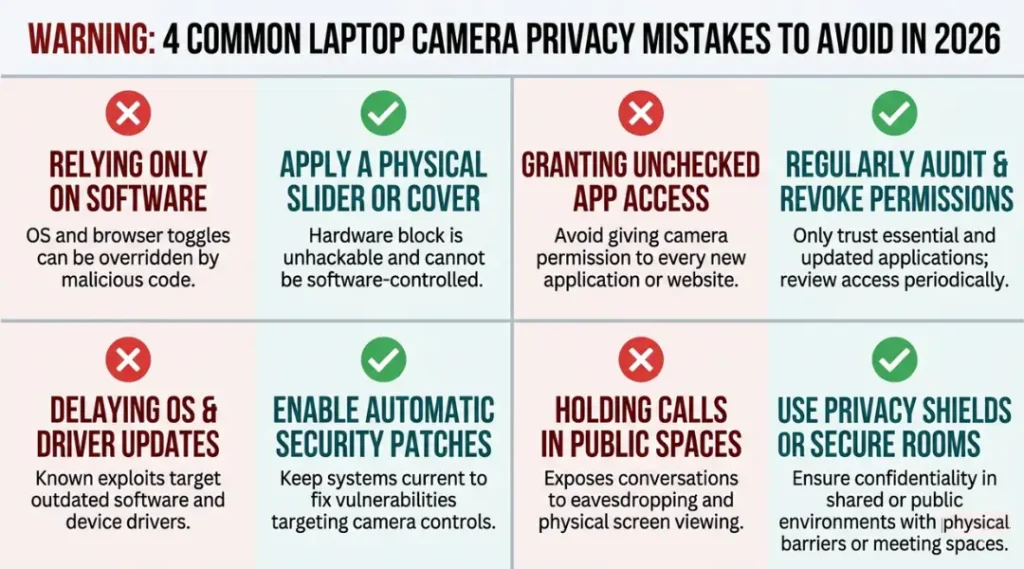 Warning infographic showing four common laptop camera privacy mistakes and their correct fixes for 2026