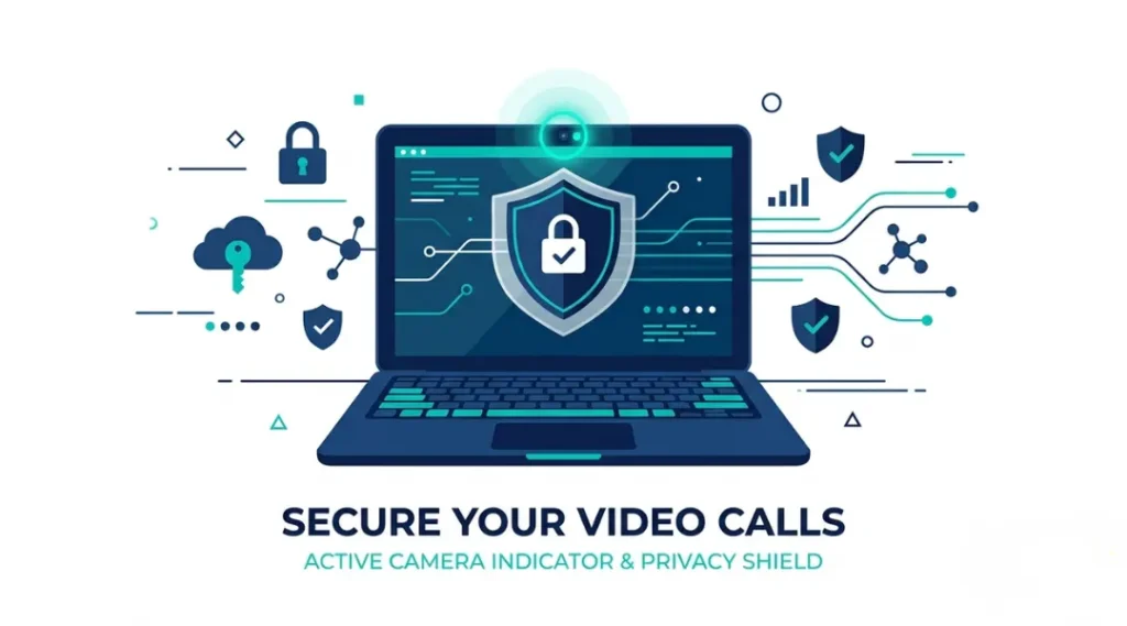 Illustration showing a laptop webcam with a privacy cover and security lock icons, representing FBI laptop camera privacy concerns in 2026