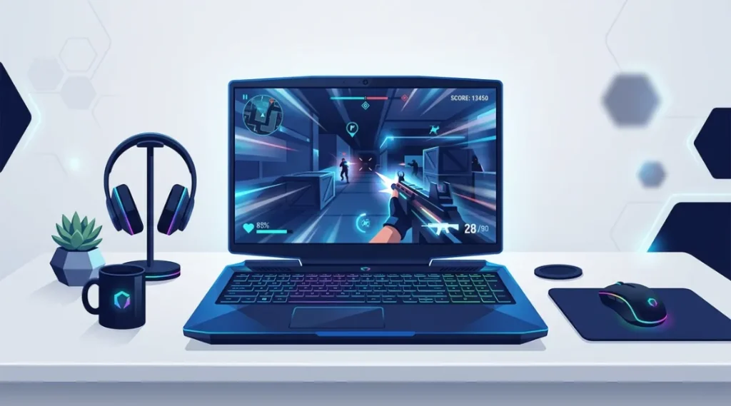 Gaming laptop open on desk showing high-refresh display and RGB keyboard in 2026