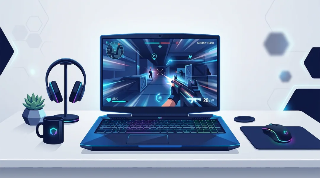 Gaming laptop open on desk showing high-refresh display and RGB keyboard in 2026