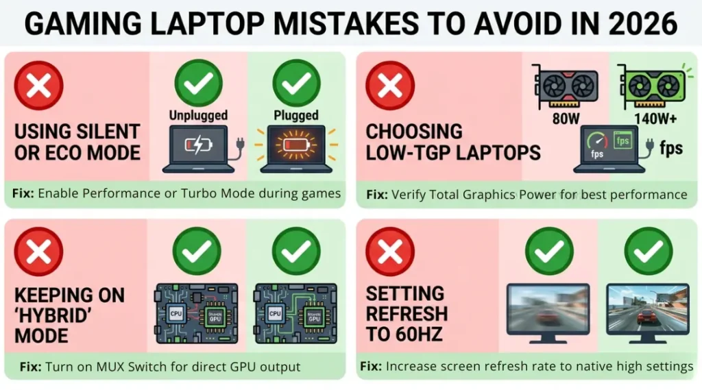 Common gaming laptop mistakes to avoid in 2026 including power mode, GPU TGP, MUX switch, and display settings