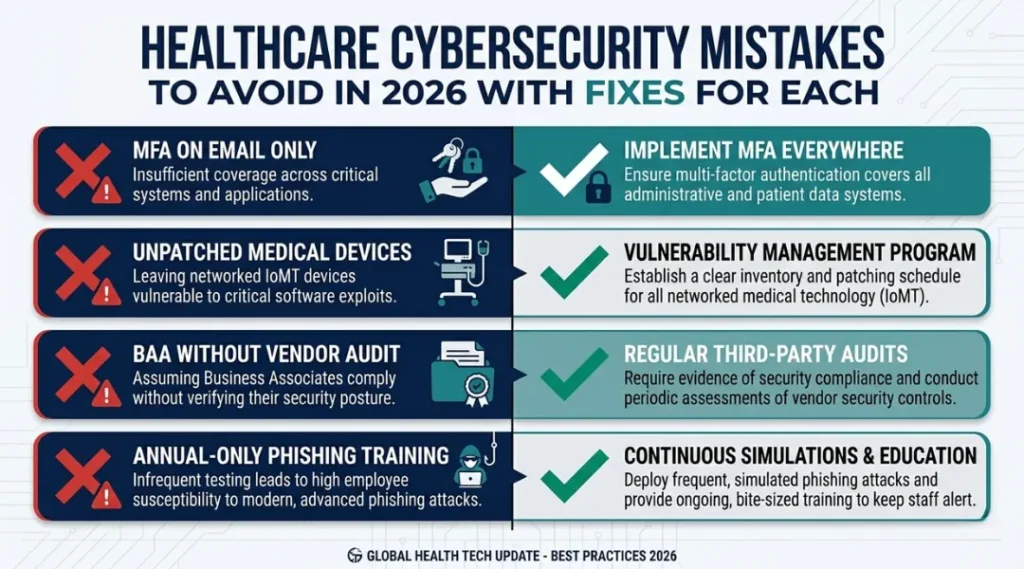 Common healthcare cybersecurity mistakes to avoid in 2026 with fixes for each