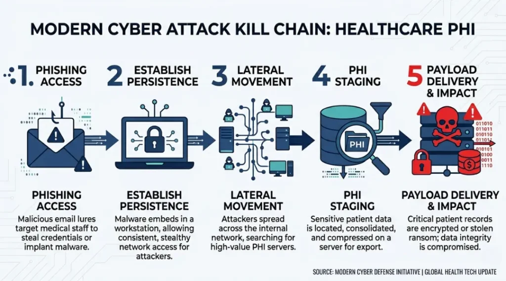 Step-by-step healthcare cyberattack process diagram showing five stages from phishing to ransomware