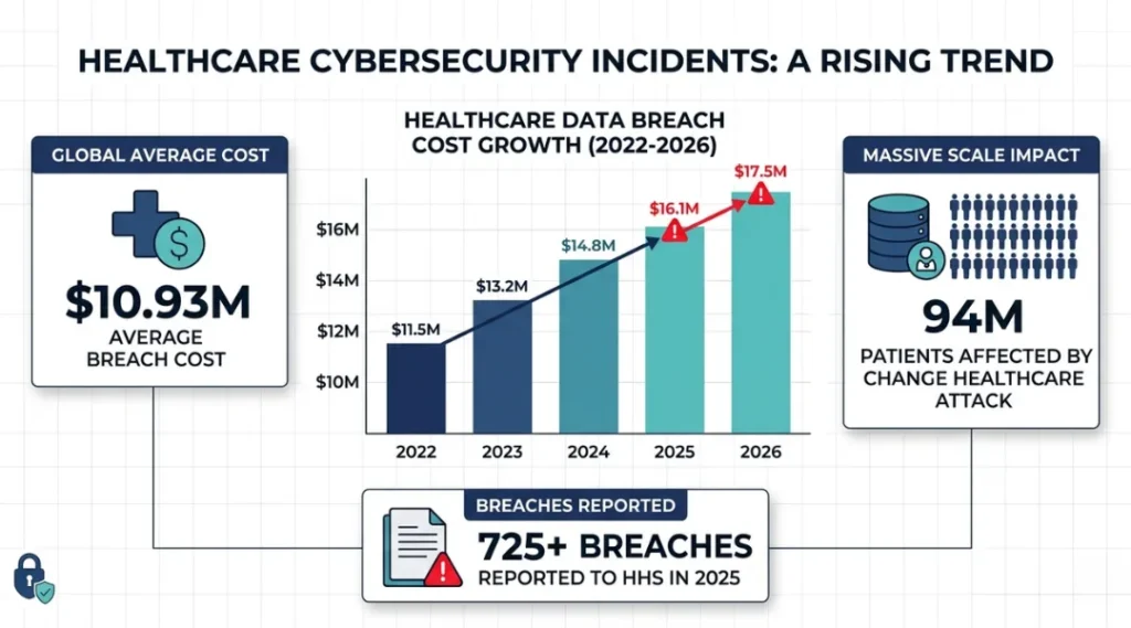 Infographic showing rising healthcare cybersecurity threats and breach costs from 2022 to 2026