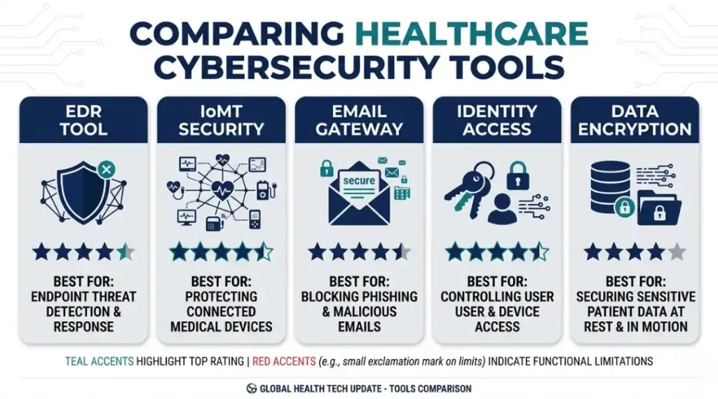 Comparison of top healthcare cybersecurity tools in 2026 including CrowdStrike, Claroty, and Microsoft Defender