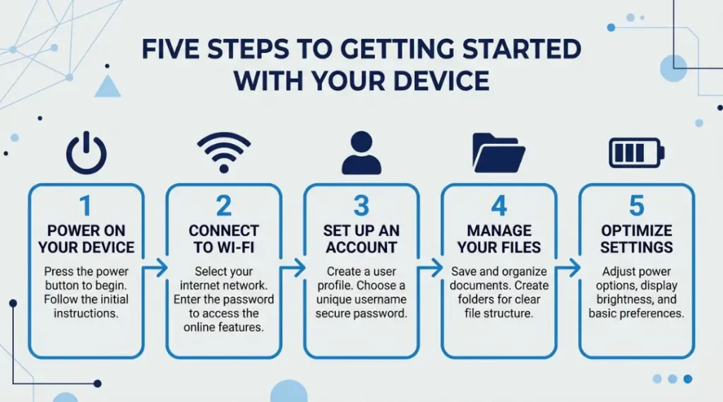 Step-by-step process for how to operate a laptop shown as a clean infographic