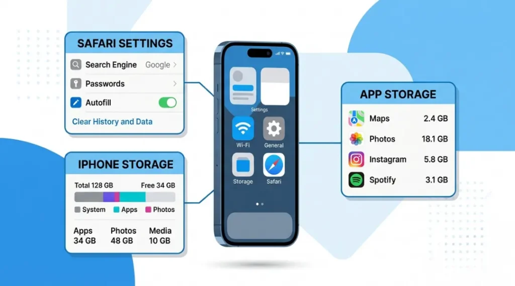 Flat design hero illustration showing how to clear cache on iPhone across Safari, app storage, and iOS Settings in 2026