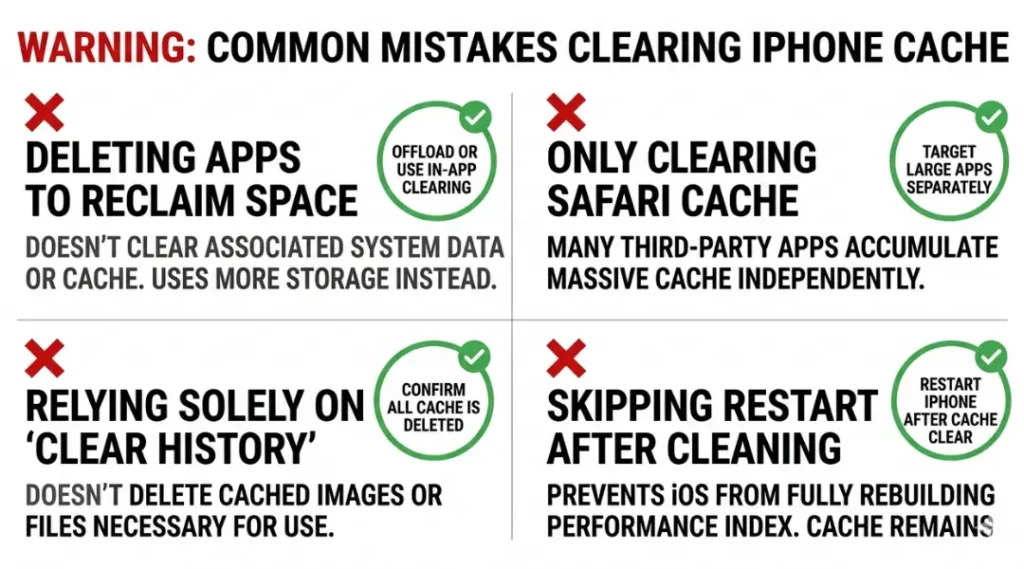 Warning infographic showing four common mistakes when clearing cache on iPhone with green checkmark fixes beside each