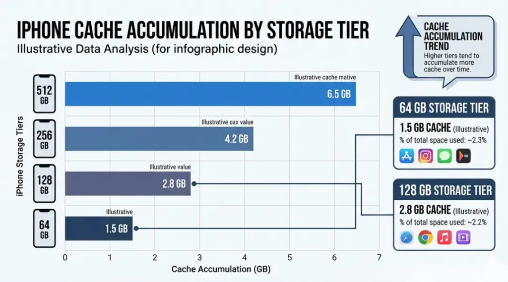 Flat design infographic illustrating cache accumulation data across different iPhone storage tiers in 2026