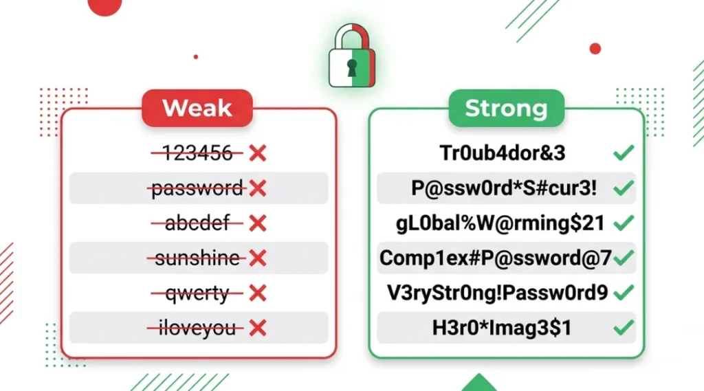 Visual guide showing how to create a strong password with examples of weak vs strong passwords side by side