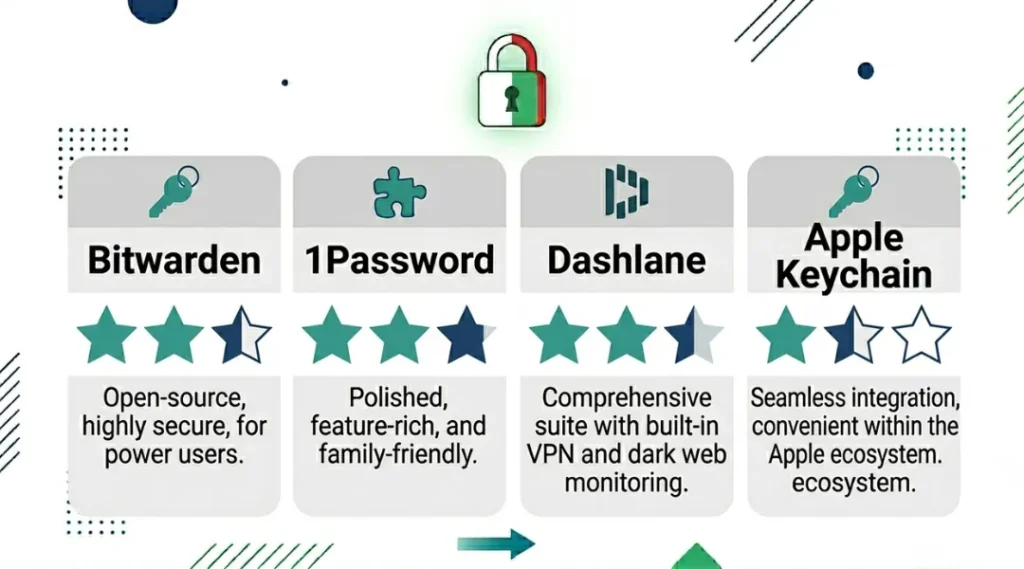 Comparison of top password manager tools for creating and storing strong passwords in 2026