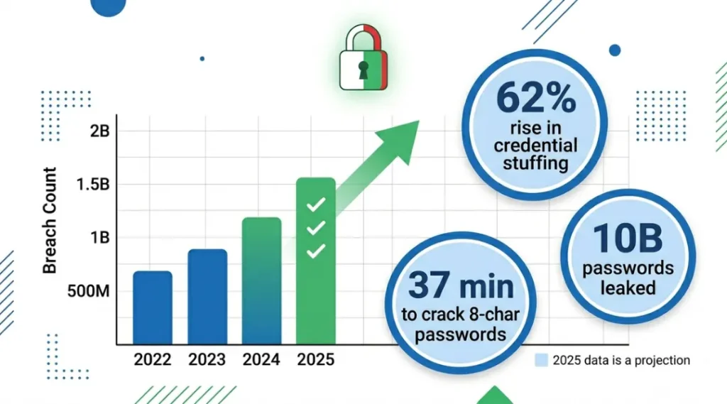 Infographic showing the rise of password-related breaches in 2024-2025 and why strong passwords matter more than ever