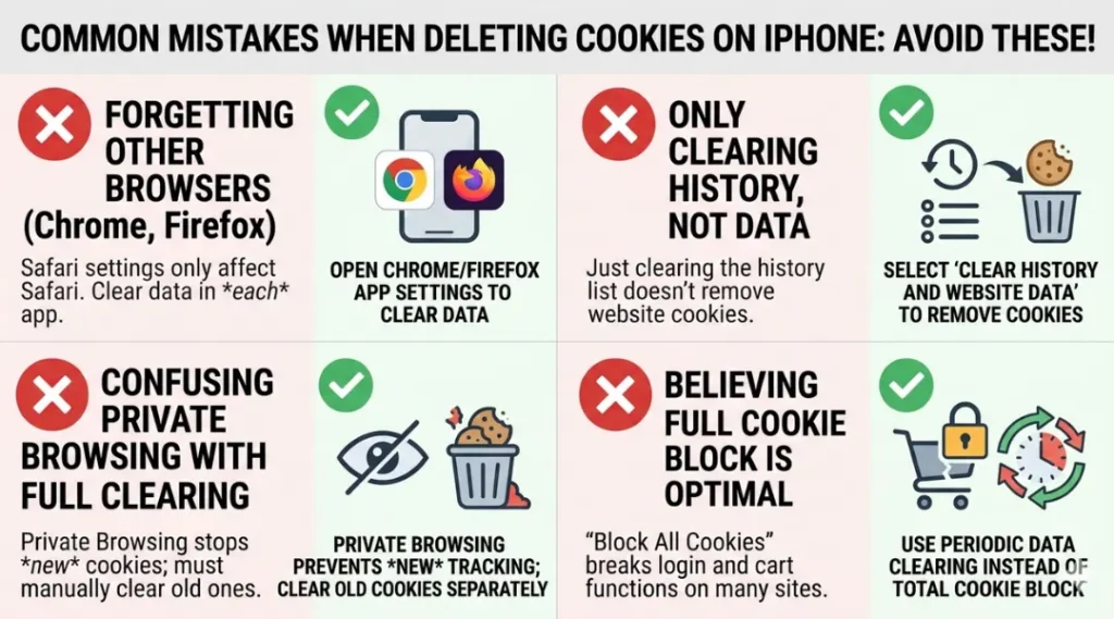 Warning infographic showing four common mistakes when deleting cookies on iPhone with a checkmark fix beside each
